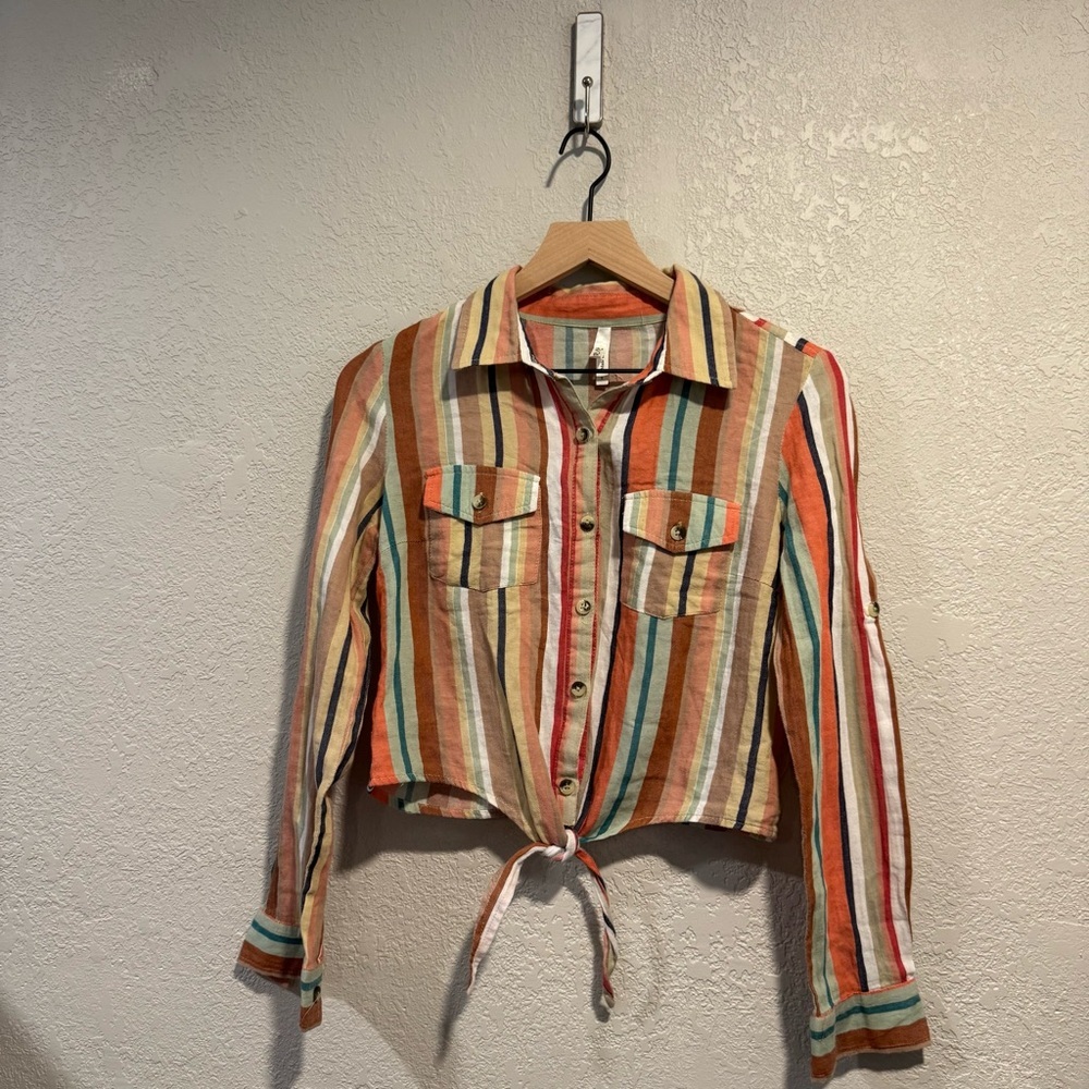 Long Sleeve Striped Cotton Button Down Collared with Tie Size Small